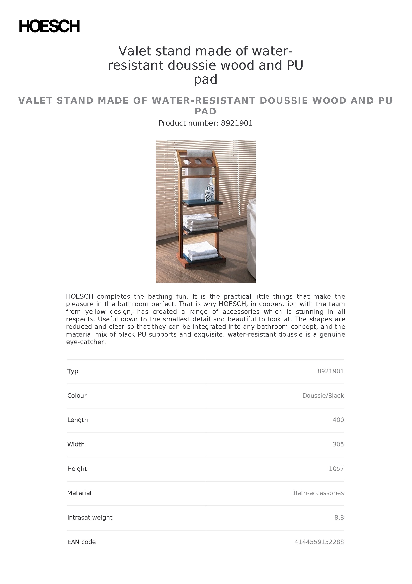 Hoesch Valet stand made of water-resistant doussie wood and PU pad