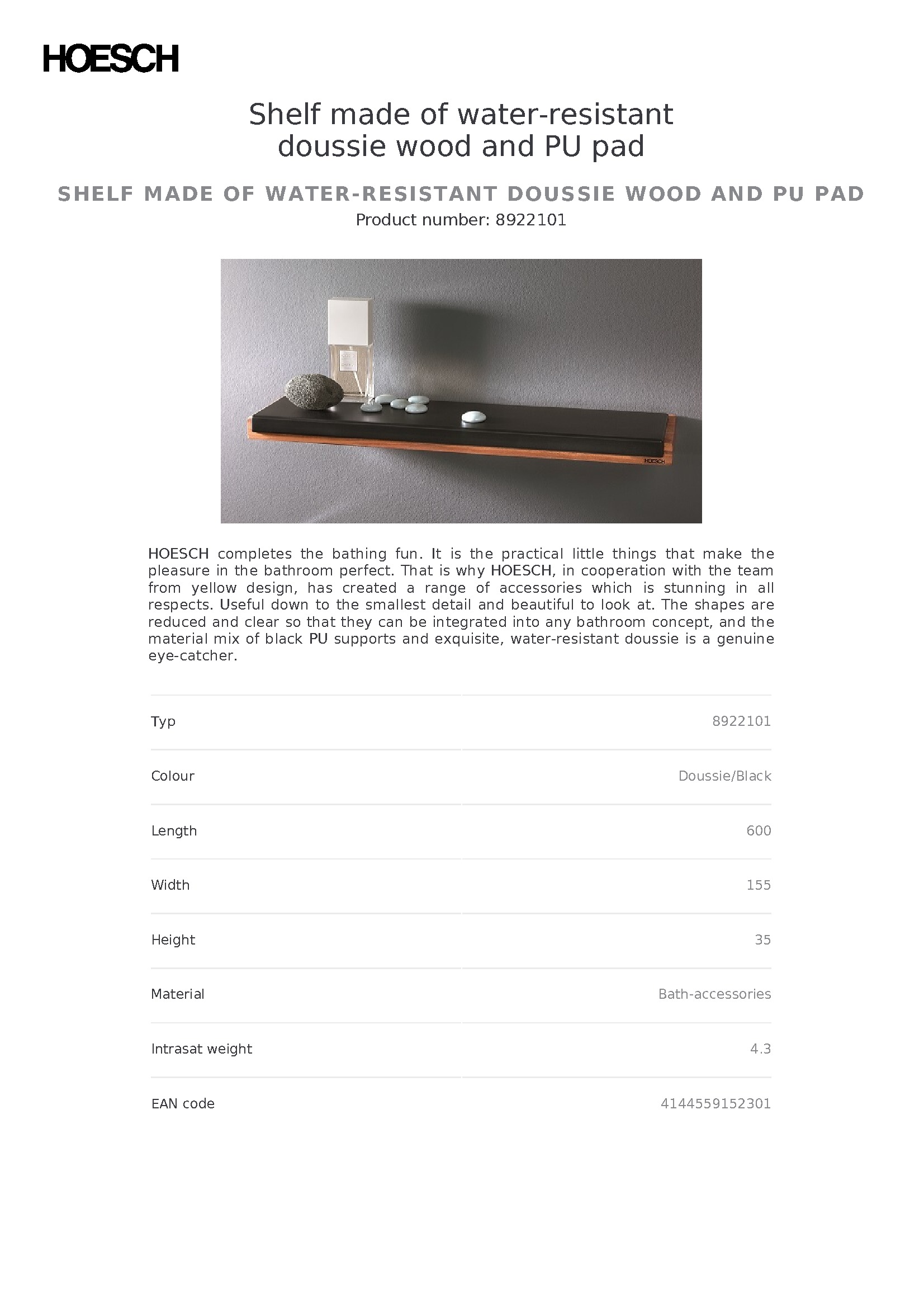 Hoesch Полка из водостойкой древесины Doussie и PU-вставки